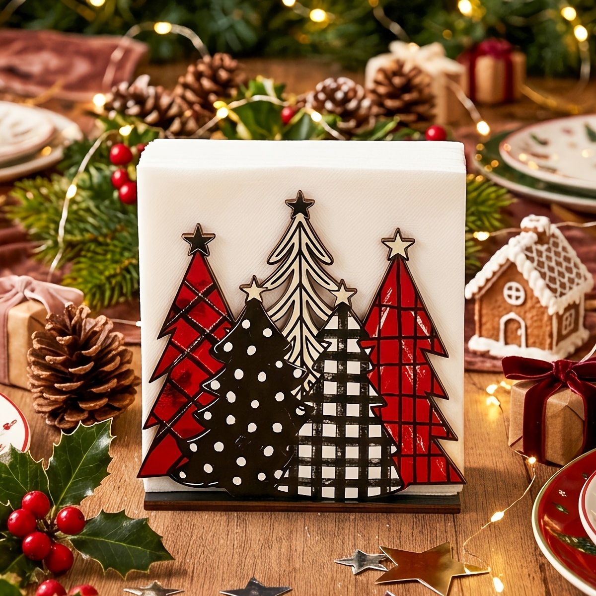 TEMU Porte-serviettes en bois de sapin de Noël - Boîte à mouchoirs décorative de table de Noël avec porte-serviettes, parfait pour la décoration de