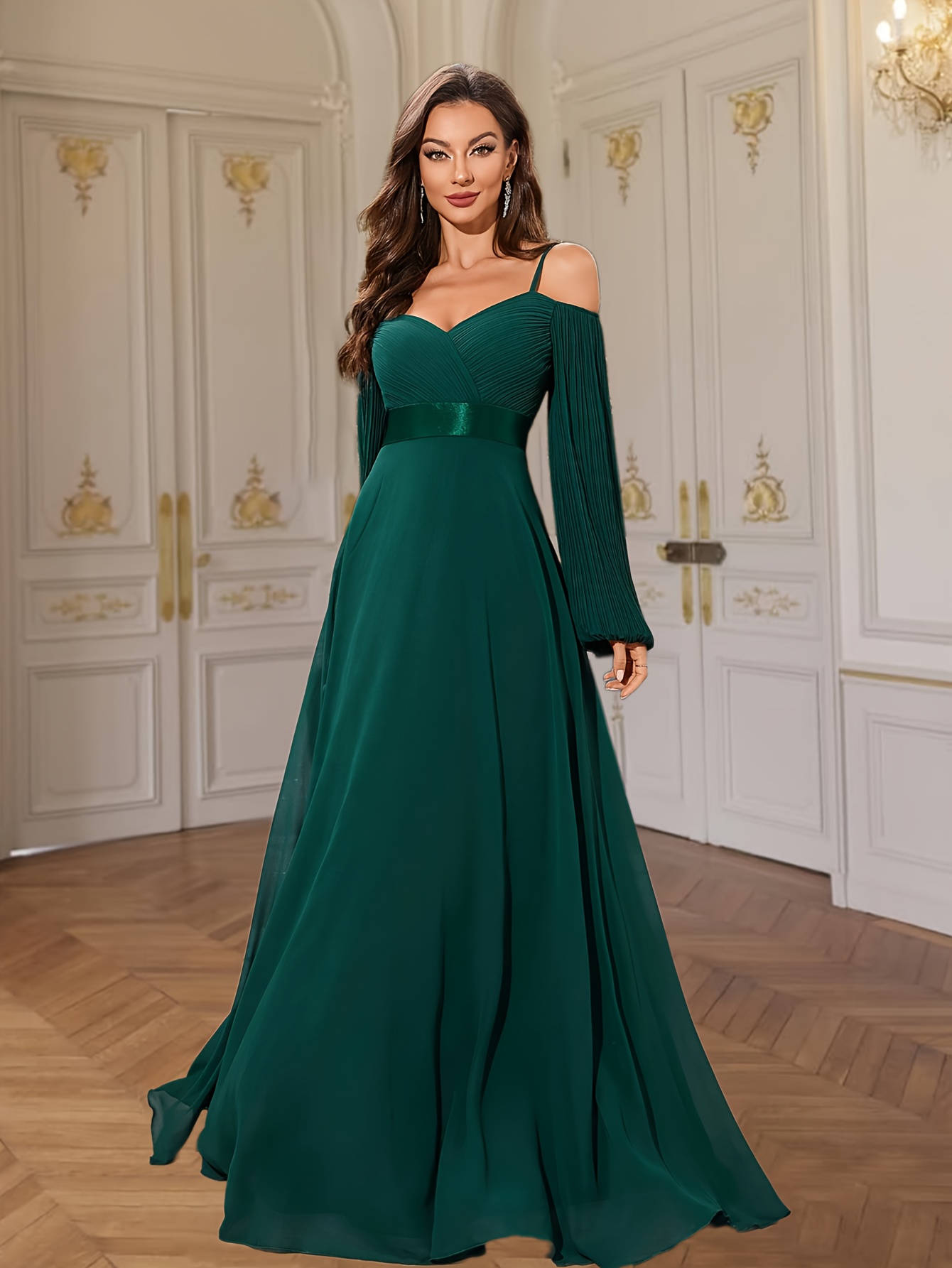 Emerald Green Ruched *etti Strap Long Sleeve Maxi Dress Elegant  Floor-Length Evening Gown for Women Weddings Formal Events