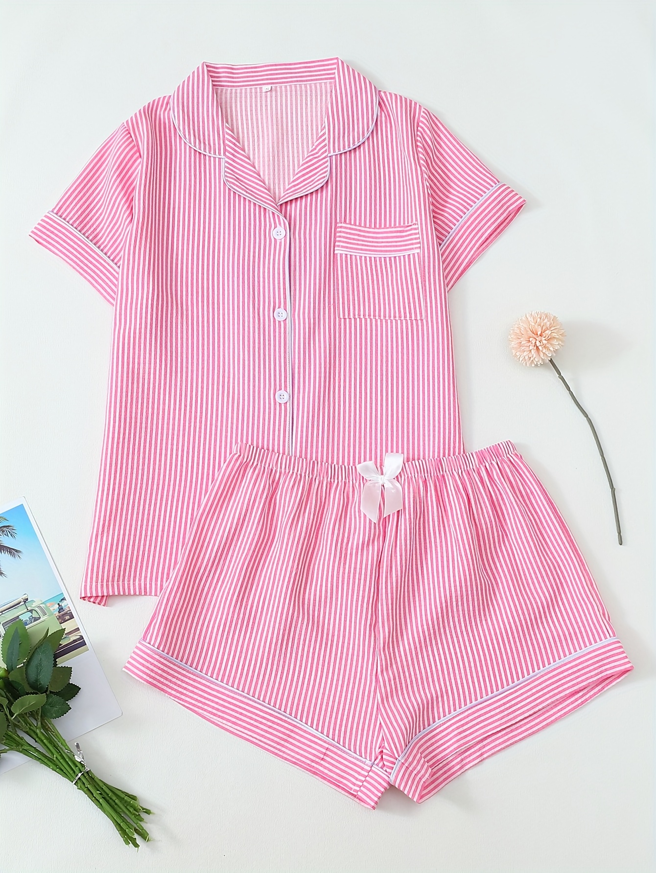 ensemble pyjama rose à rayures femme manches courtes short Temu