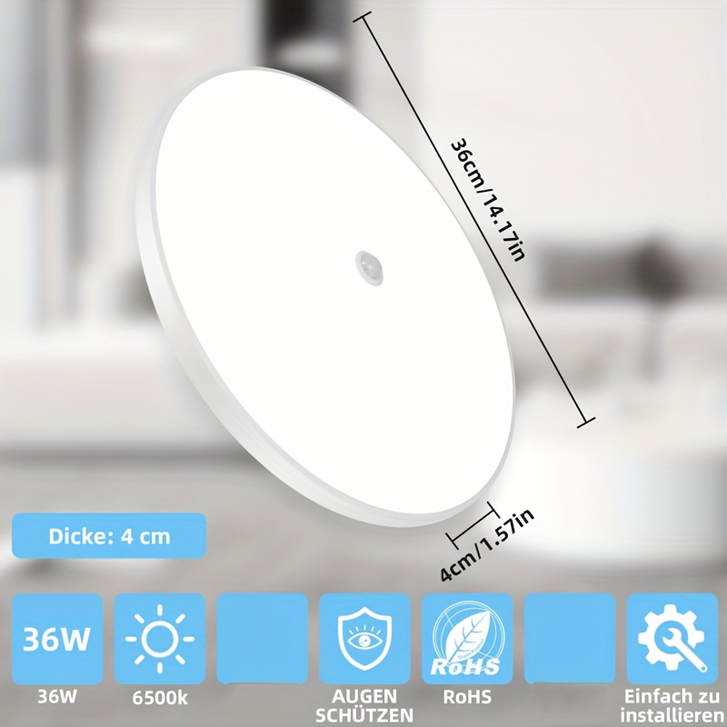 36W LED Stropna Svetilka Bela, 6500K Senzor Svetlosti, Ravna Okrogla Nizka Stropna Svetilka, Primerna za Kuhinjo, Spalnico, Hodnik, , Garažo,