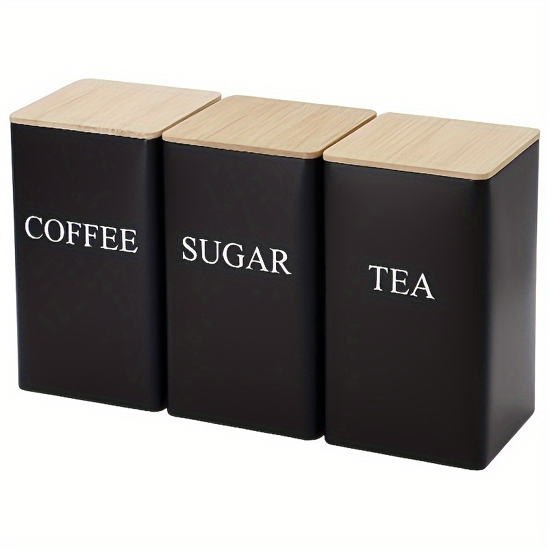 

Set Of 3 Square Metal Canisters With Wooden Lids - Tea, Sugar, Coffee