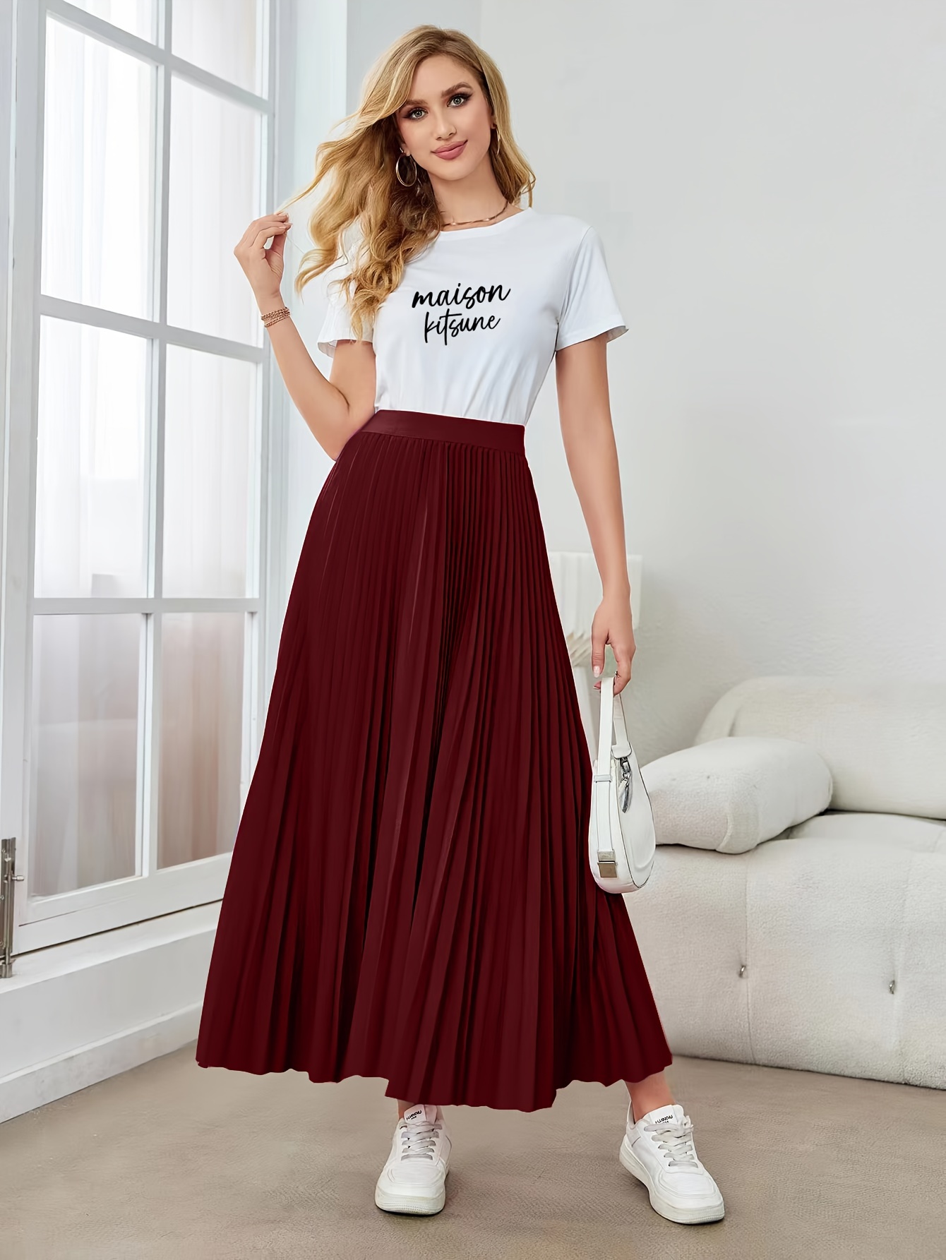 Pleated Solid Color Skirt, Loose Skirt For Spring & Summer, Women's Clothing
