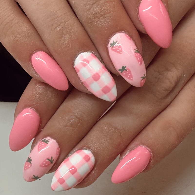 TEMU 24 Oval Stick-on Fake Nails, Sweet Pink Strawberry Nail Patches, , With Hand-painted Strawberries And Pink And White , Like Wearing A Spring