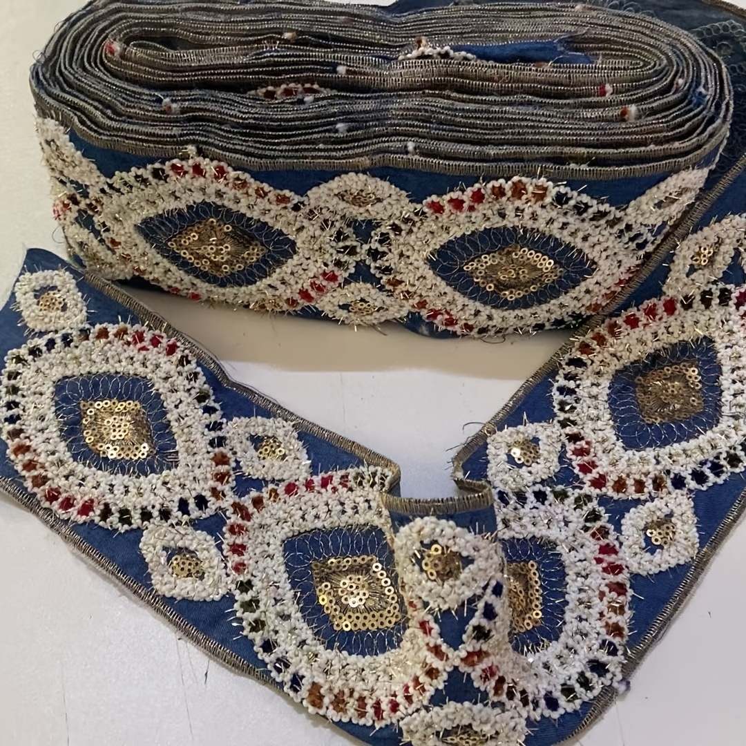 Premium Bohemian Geometric Embroidery Lace Trim, 8.7cm Wide Denim Base Ethnic Sequin Ribbon, Vintage Floral Border…: retailer-supplied image