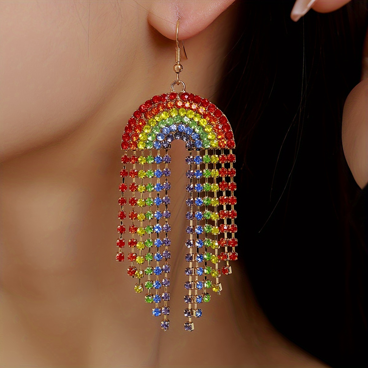 

Elegant Rainbow Rhinestone Tassel Earrings - Luxurious Alloy Dangle Jewelry For Women, & Beach Vacations