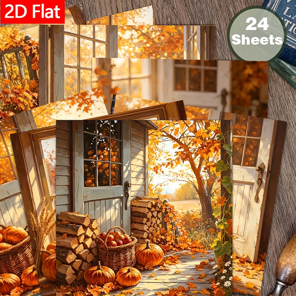 TEMU 24 Sheets Of 6x6 Inch Autumn Warm- 2d Flat Paper Featuring Wooden Cabin Doors And Windows, Pumpkins, And Fallen Leaves, A Harvest Atmosphere.