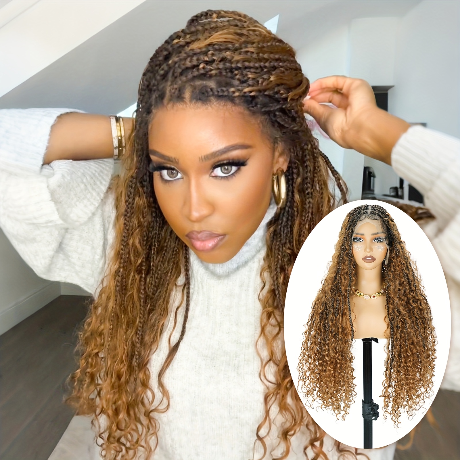 TEMU Long Bohemian Knotless Braided Wigs For Women, Featuring Handmade Braids, Double Full Lace, And. A Brown Synthetic Boho Braid Wig, Perfect As A