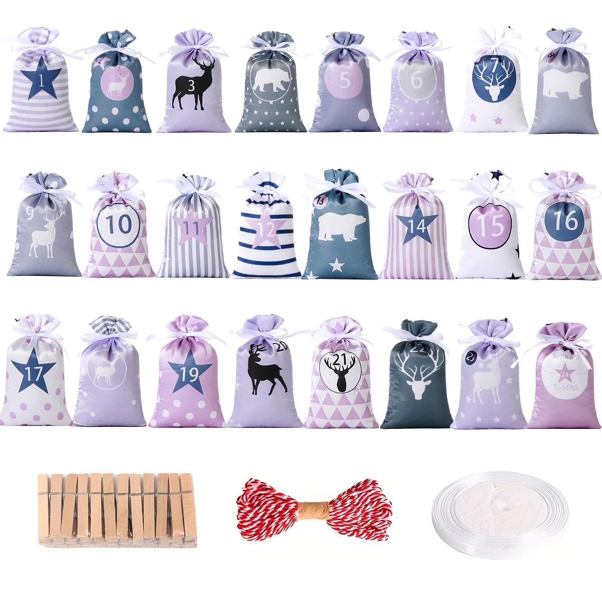 TEMU 24er-Pack Adventskalender-Beutel mit Kordelzug, gemischtes Set mit für den Adventskalender-Countdown, DIY 24-Tage-Weihnachts--Geschenkbeutel zum