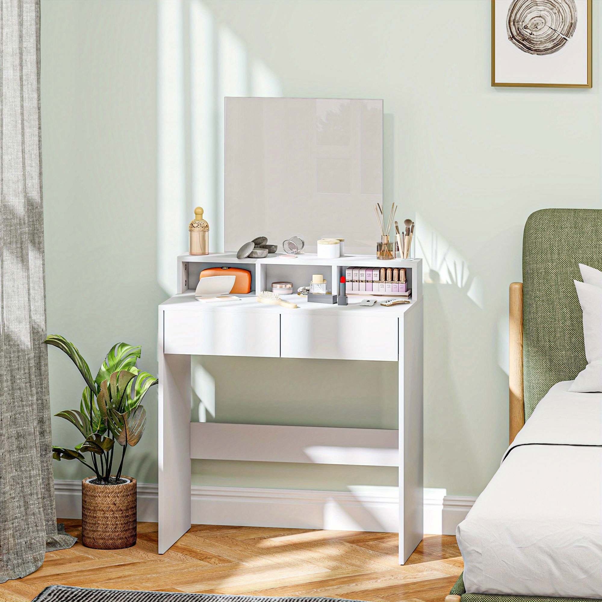 TEMU Bureau de Maquillage Blanc Moderne avec - Table de Toilette Spacieuse pour Femmes & Filles, Comprend 2 Tiroirs de Rangement et 3 Compartiments