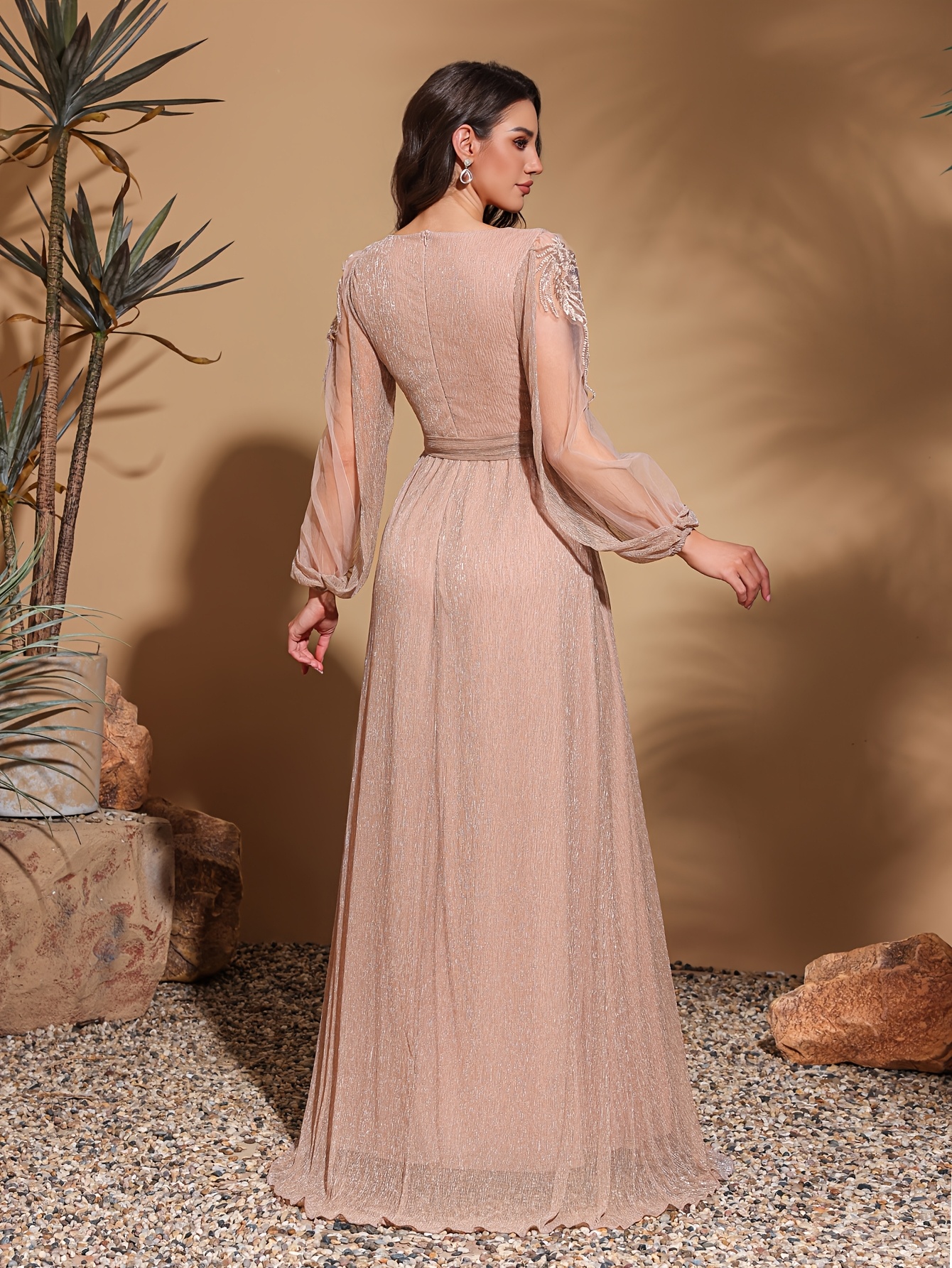 Women'S Elegant Formal gown Long Sleeve Party dress with V-Neck, Flowy  Formal event attire for Weddings Award Shows Beige/Neutral Tone Eve