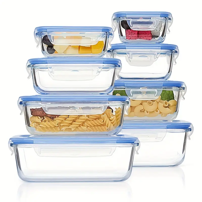 8pcs borosilicate glass food storage containers with leak proof lids microwave oven dishwasher safe bpa free stackable rectangular lunch boxes for rv camping food storage organizer microwave safe containers lid design bpafree material Product details 8