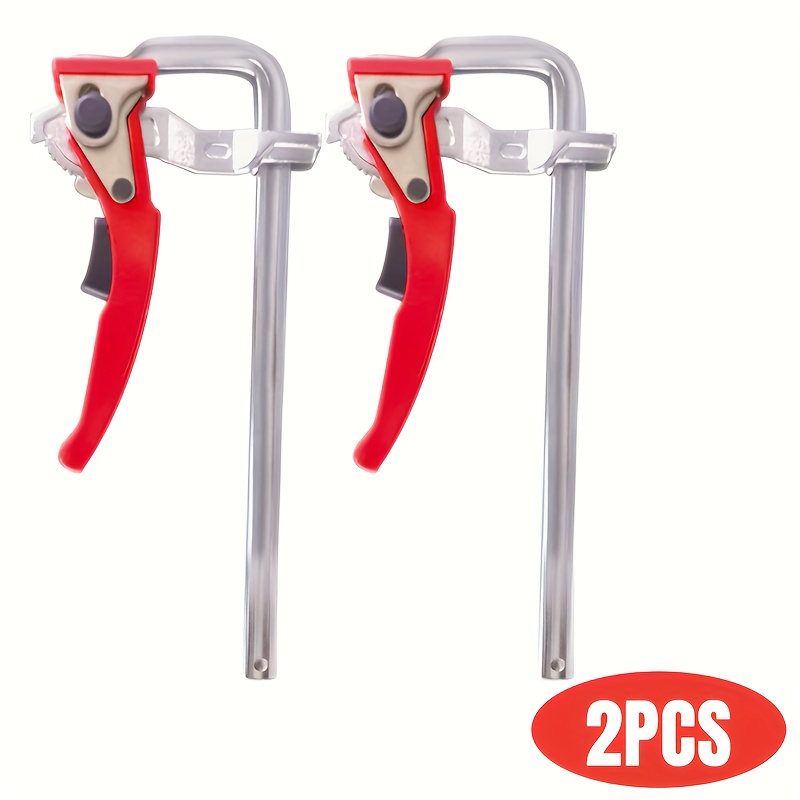Image of 2 Heavy-duty Quick Ratchet F Clamp - Steel, Red Handles, Industrial Clamping Tool, Versatile Tool Holder, Ideal For Woodworking & Metal Projects.