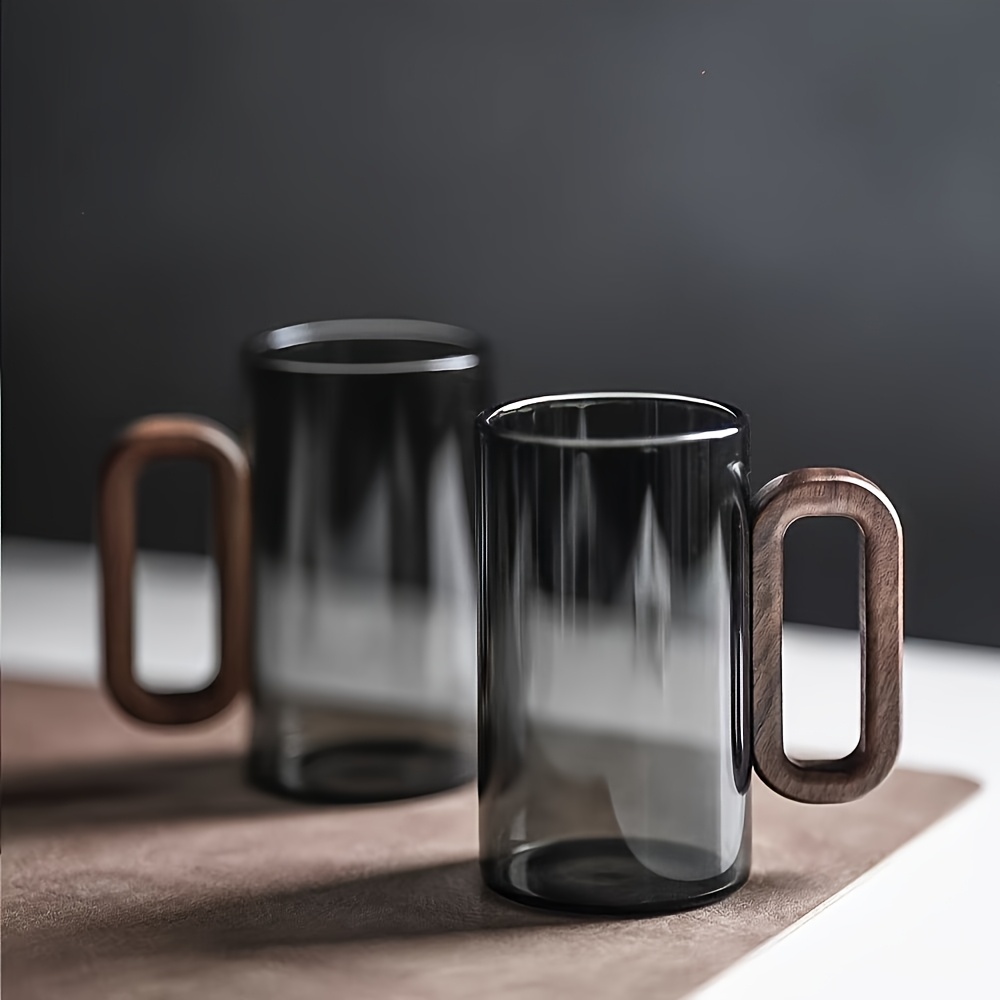 

2pcs Smoke Gray Glass Mugs With Wooden Handles - High Borosilicate, Heat Resistant, Large Capacity For Tea & Water - Ideal For Home, Office, And Study