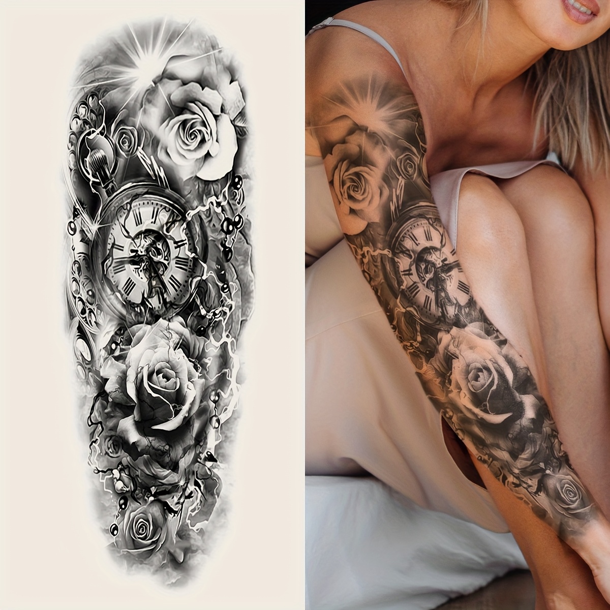 Cool Trendy Black Full Arm Realistic Temporary Tattoo Stickers