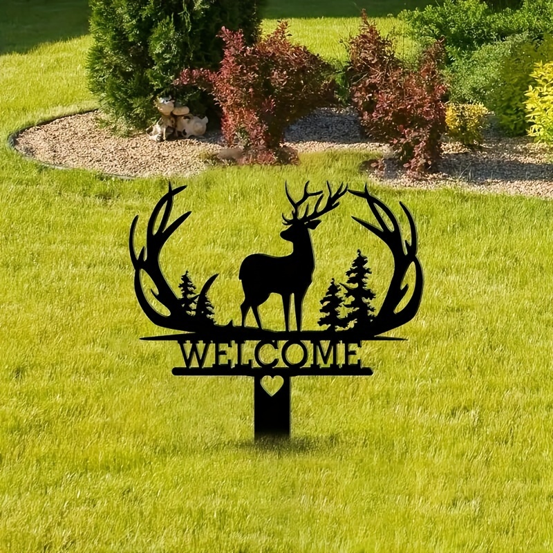 

1pc Iron Deer Silhouette Welcome Sign - Metal Forest Deer Artwork, Welcome Yard Stake, Rust-resistant Garden Decor, Hunting Memorial Landscape, Style Lawn Ornament