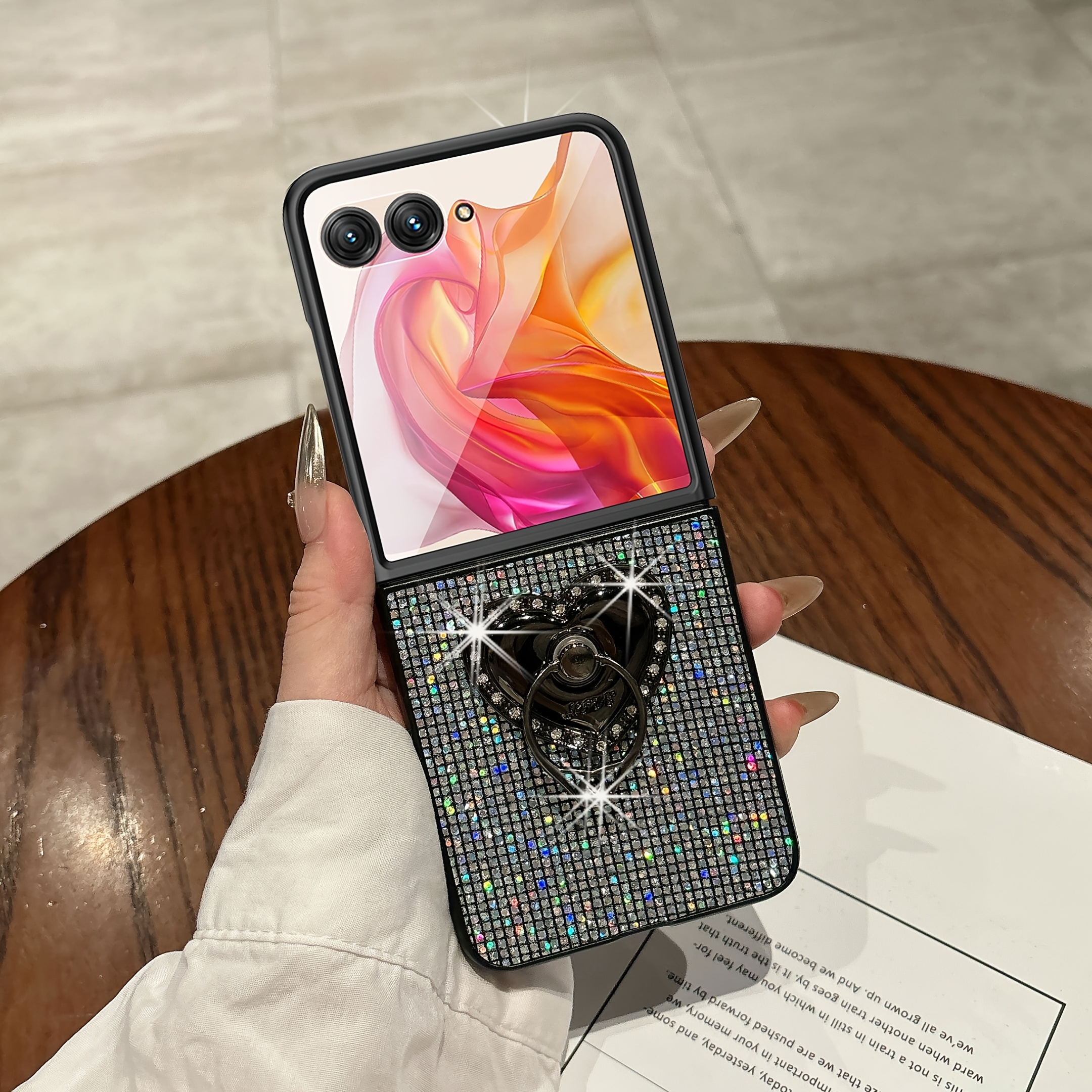 TEMU Phone Case: Cute Flash Bracket Solid Cover For Motorola Razr 50 40 Ultra Sequin Shiny Hard Pc Phone Case