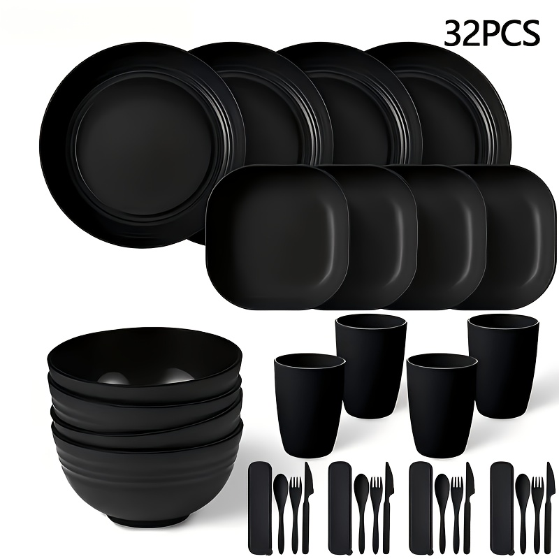 64/32/16pcs Large Flatware Sets, Essential Kitchen Supplies, Durable Modern Tableware With Plates, Bowls, Cups, Knives Forks Spoons, Lightweight, Microwave & Dishwasher Safe, For Picnic, Ideal Gift