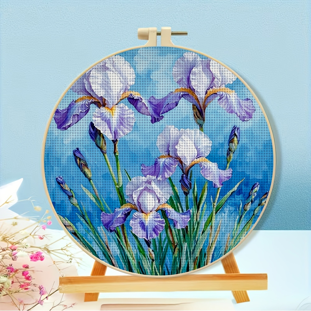 Embroidered Hoop Adult Cross Stitch Printed Kit, Blue Background Iris Blooming