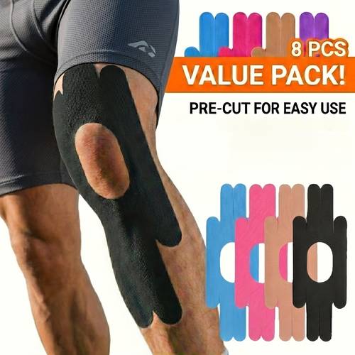 8pcs pre cut kinesiology tape high athletic tape for knee ankle shoulder support breathable elastic muscle recovery strips for pain relief marathon running gym workout sports safety
