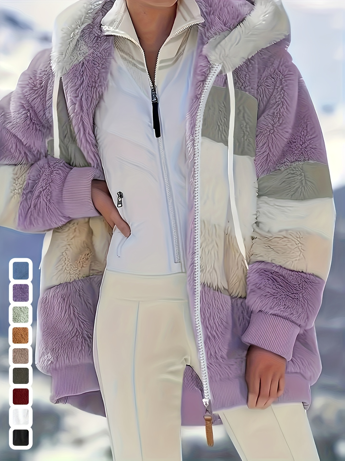 womens   fur hooded jacket with plush lining casual loose fit long sleeve zip up outerwear in red beige and white   fall winter winter jacket womens fashion womens clothing womens winter coat coat for women violet 0