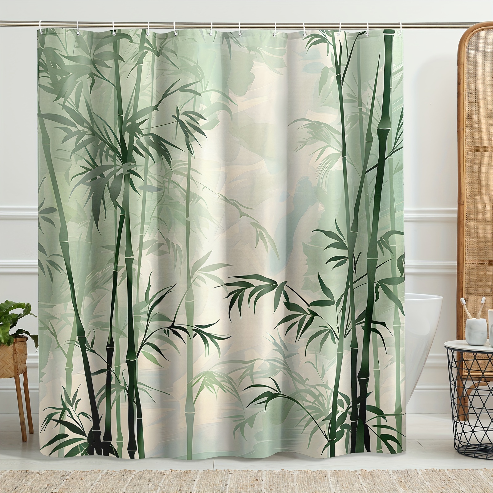 

1pc Bamboo Pattern Shower Curtain, Natural Vintage Chinese Style, Polyester, Waterproof, Machine Washable, Green Bathroom Decor With 12 Hooks, Suitable For Home Bathtub Decoration