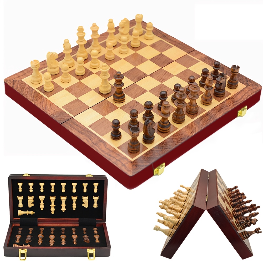 

1pc Wooden Magnetic Chess 11.4" Chess Board Game With Chess Pieces, Storage Slots Folding Travel Chess