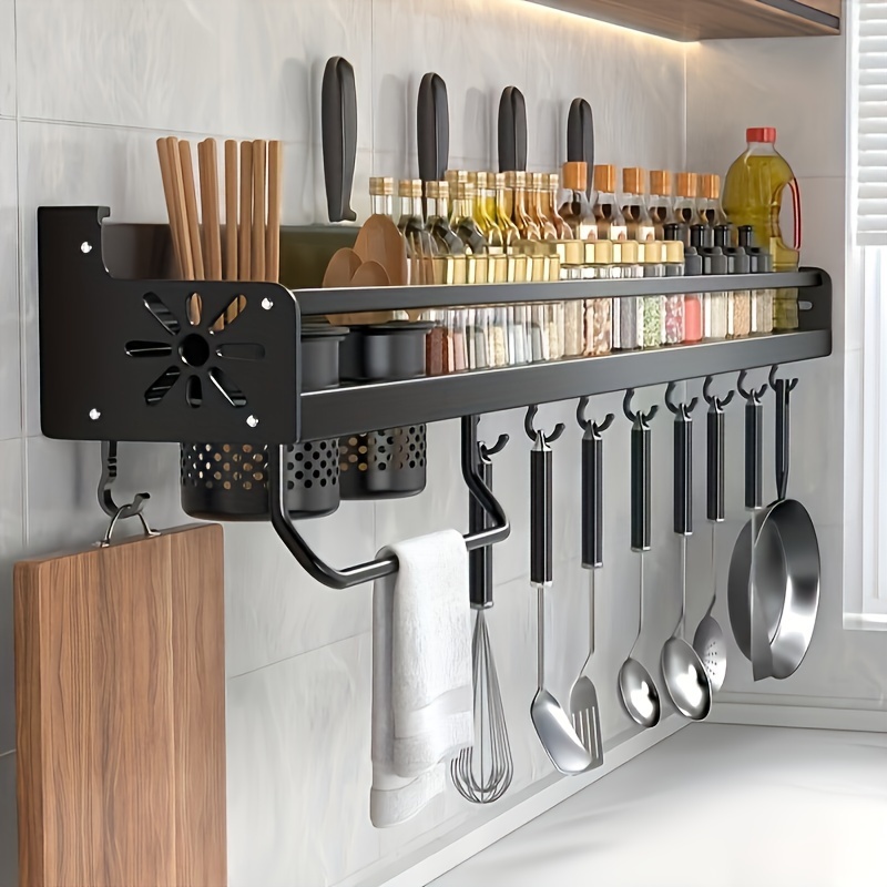 

Elegant Black Metal Kitchen Organizer - Wall-mounted Spice Rack With Hooks For Utensils & Tableware
