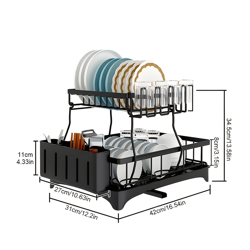 heavy duty stainless steel dish drying rack space saving two tier countertop organizer with 360 drainage system plate bowl cup utensil holders compact sink rack for modern kitchen easy to clean dish drying rack for kitchen counter clean dish storage   water drainage   cleaning system Product details 6