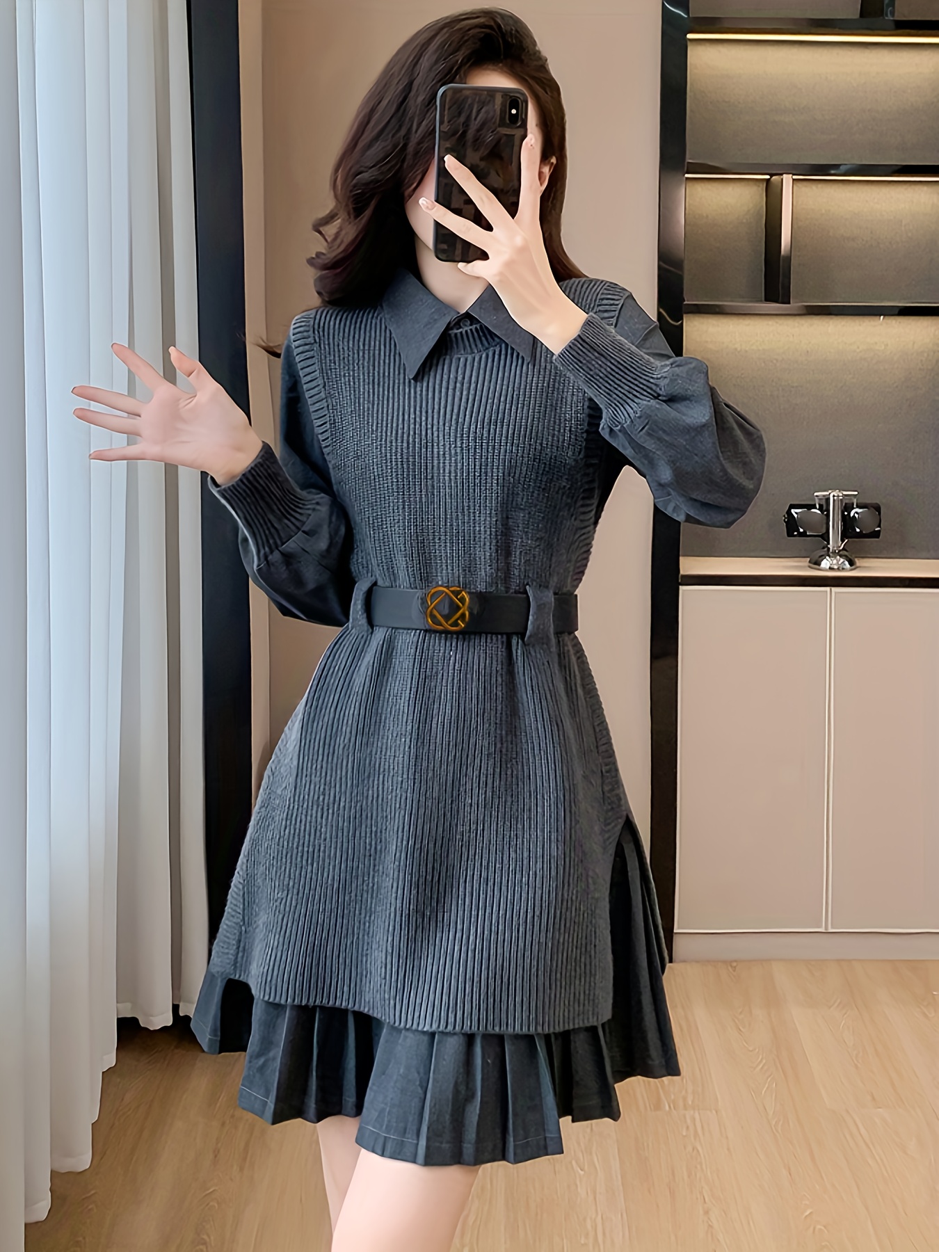 Flattering Parisian style sweater dress set in a chic silhouette Model showcasing the two piece outfit effortlessly stylish