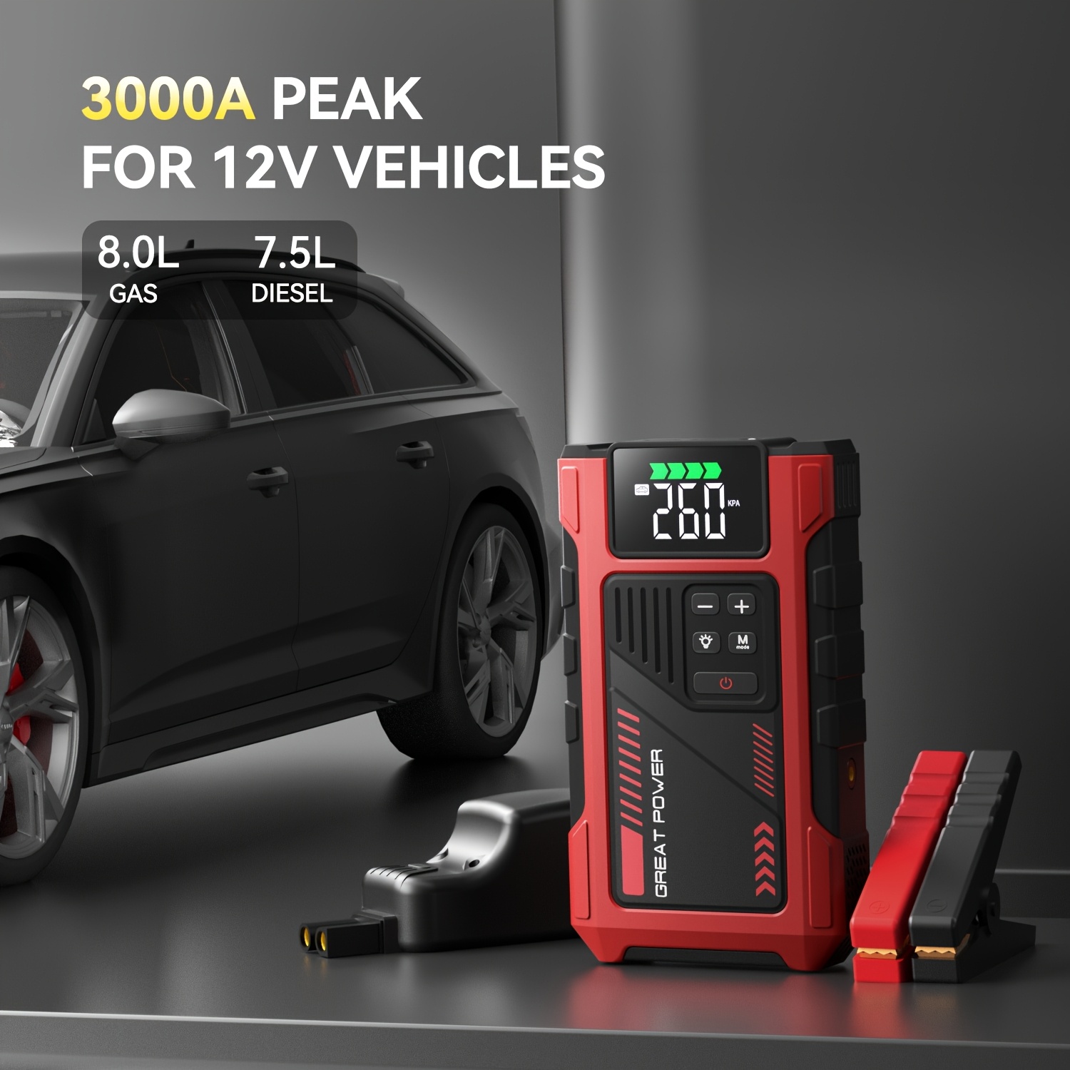 portable car air compressor jump starter with led emergency light 3000a peak power 12v for gas diesel engines usb digital tire inflator red insulated material fast charging car accessories tools vehicle accessory insulated body details 2