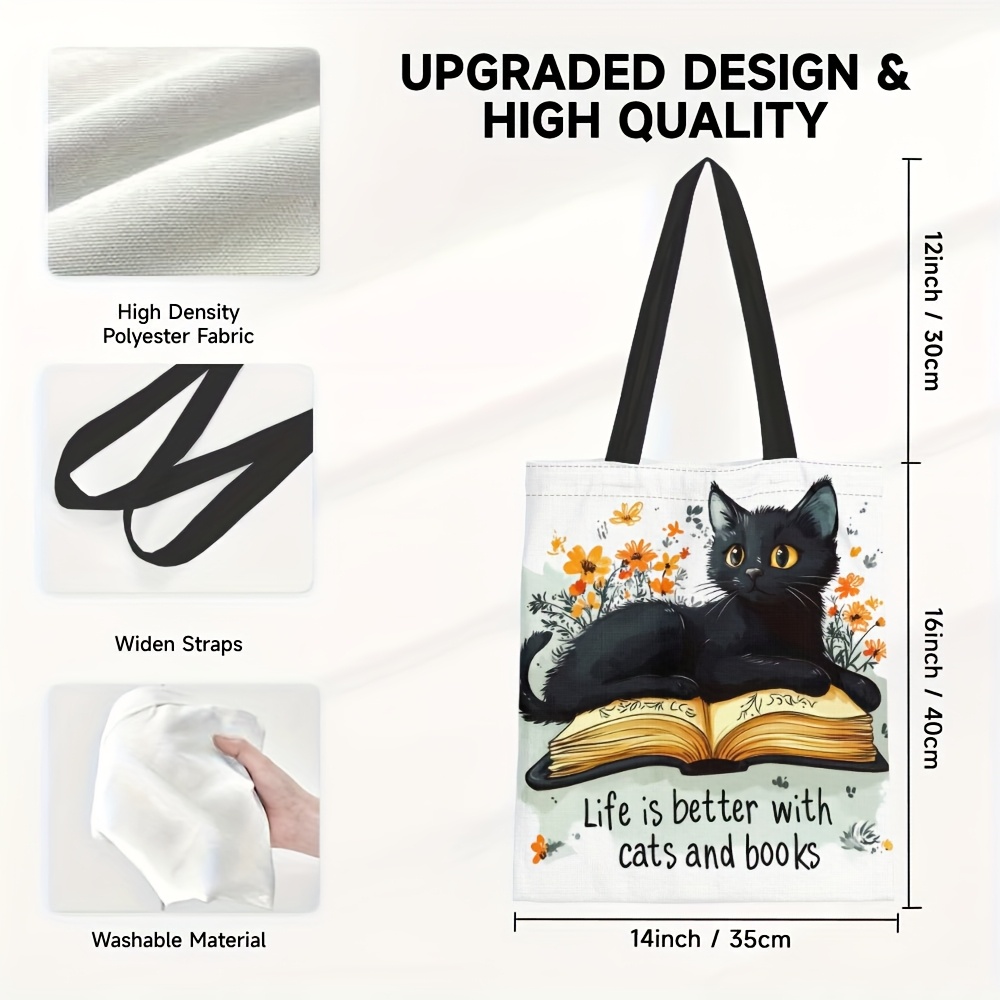TEMU Whimsical Cat & Books Canvas Tote Bag - Large Capacity, Beige With Black Cat & , Perfect Gift For Book Lovers & Cat Enthusiasts, Ideal For