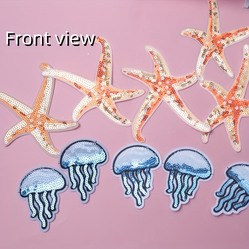 Image of A Set Of 10 Jellyfish And Starfish Animal Sequin Embroidered Iron-on Patches, Fashionable And Shiny For Bags, Clothing, And Decoration