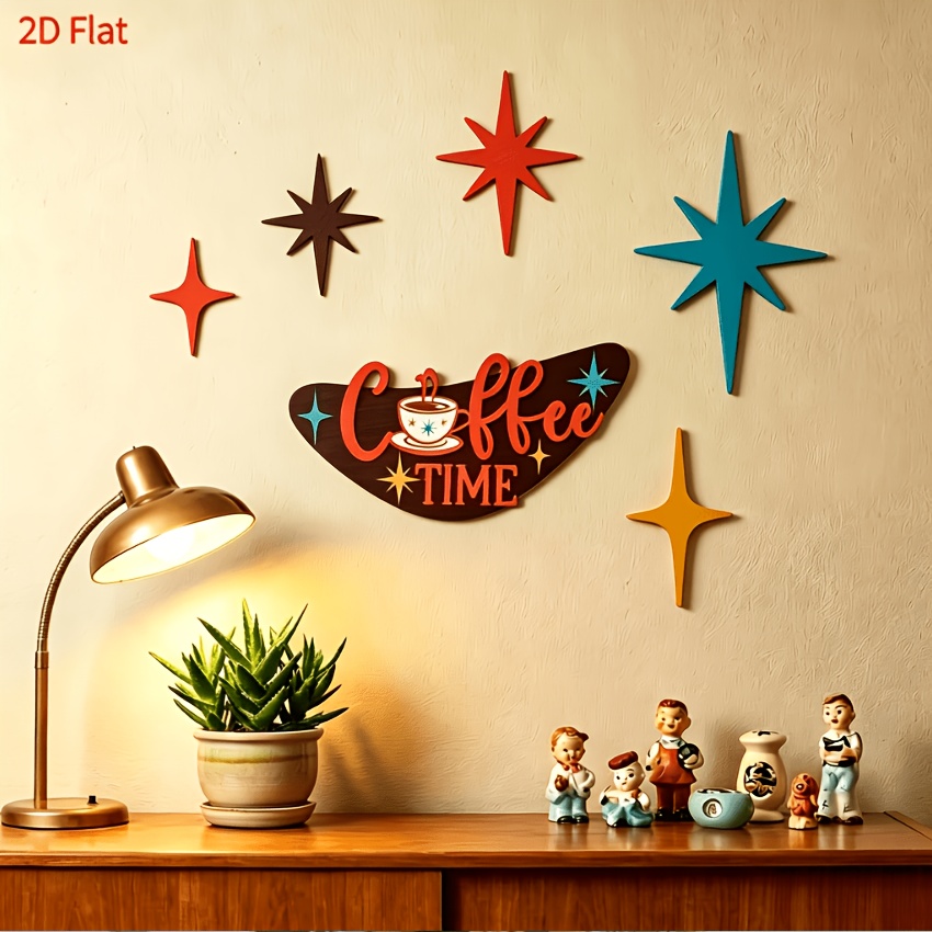 TEMU 2d Flat, 6pcs Set Of Wooden Medieval Modern Atomic Star Wall Art, Perfect For Home Office Decor ()