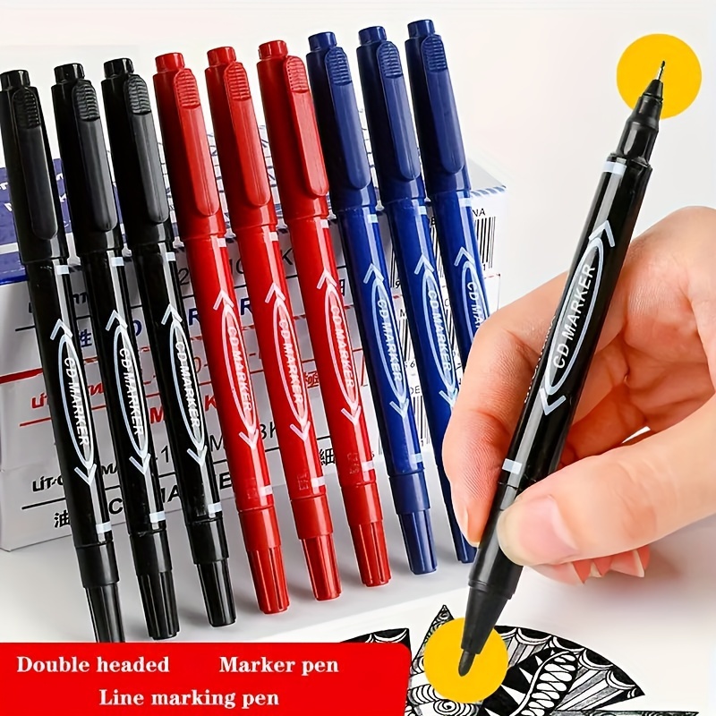 

10pcs Double-headed Hook Line Pen, 1.0mm/0.5mm Pen Head Black Red Blue Ink Oily Waterproof Marker Pen, Signature Pen, Campus Stationery Supplies