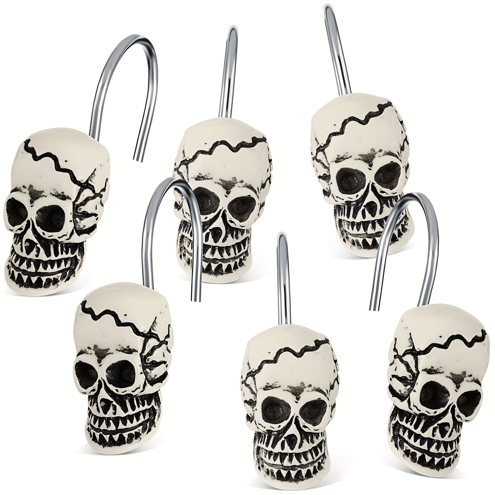 Set Of 12 Decorative Shower Curtain Hooks Featuring Designs, Perfect For Halloween. Made Of Stainless Steel, Skeleton-themed Rings Add A Spooky Touch To Your Bathroom Decor