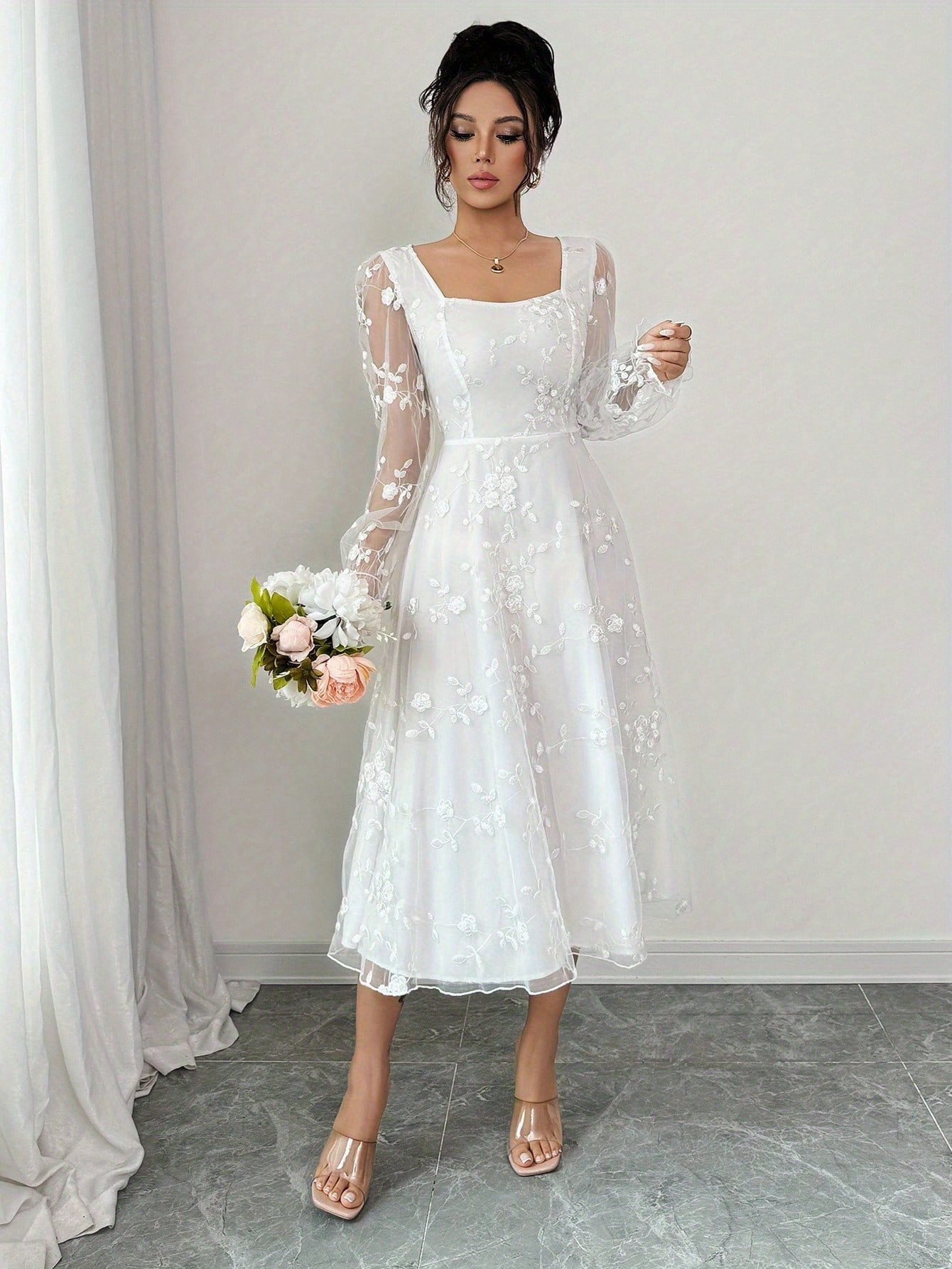 Elegant Jacquard Lace * White * Wedding Guest Dress Women'S Autumn Women'S  Clothing