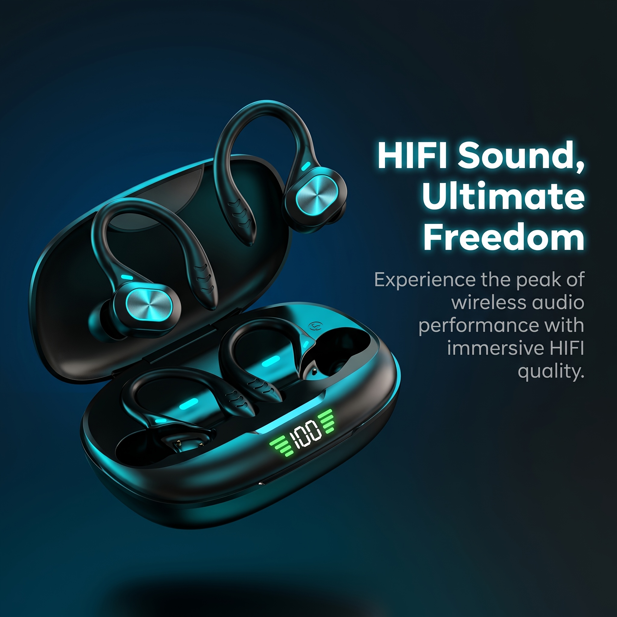 TEMU 1pc Hifi Sound Tws Wireless Wireless Earbuds Wireless 5.3 Over Ear Sport Headphones With Earhooks Led Digital Display Hifi Noise Cancelling Mic