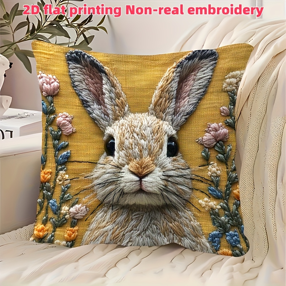 TEMU 1pc Housse de Coussin de Design Chic Bunny, 18x18 Pouces - Fond Jaune Vibrant Avec Broderie Florale, Fermeture À Glissière, Polyester Lavable En