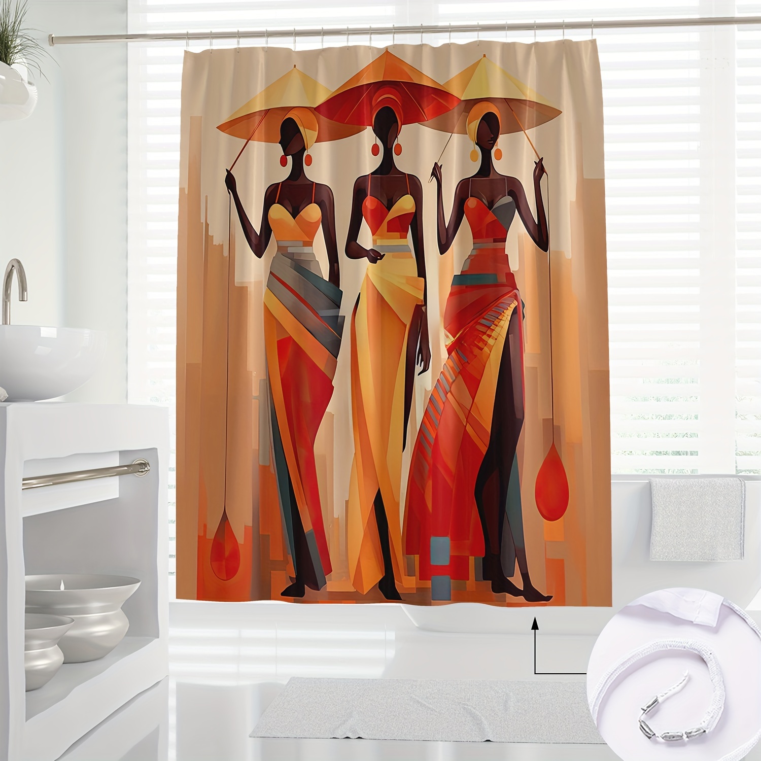 

African Art Inspired Polyester Shower Curtain With Hooks, Machine Washable, Water-resistant Knit Fabric, Novelty Themed With Artistic Hand-drawn Design, Digital Print Bathroom Décor - 1pc