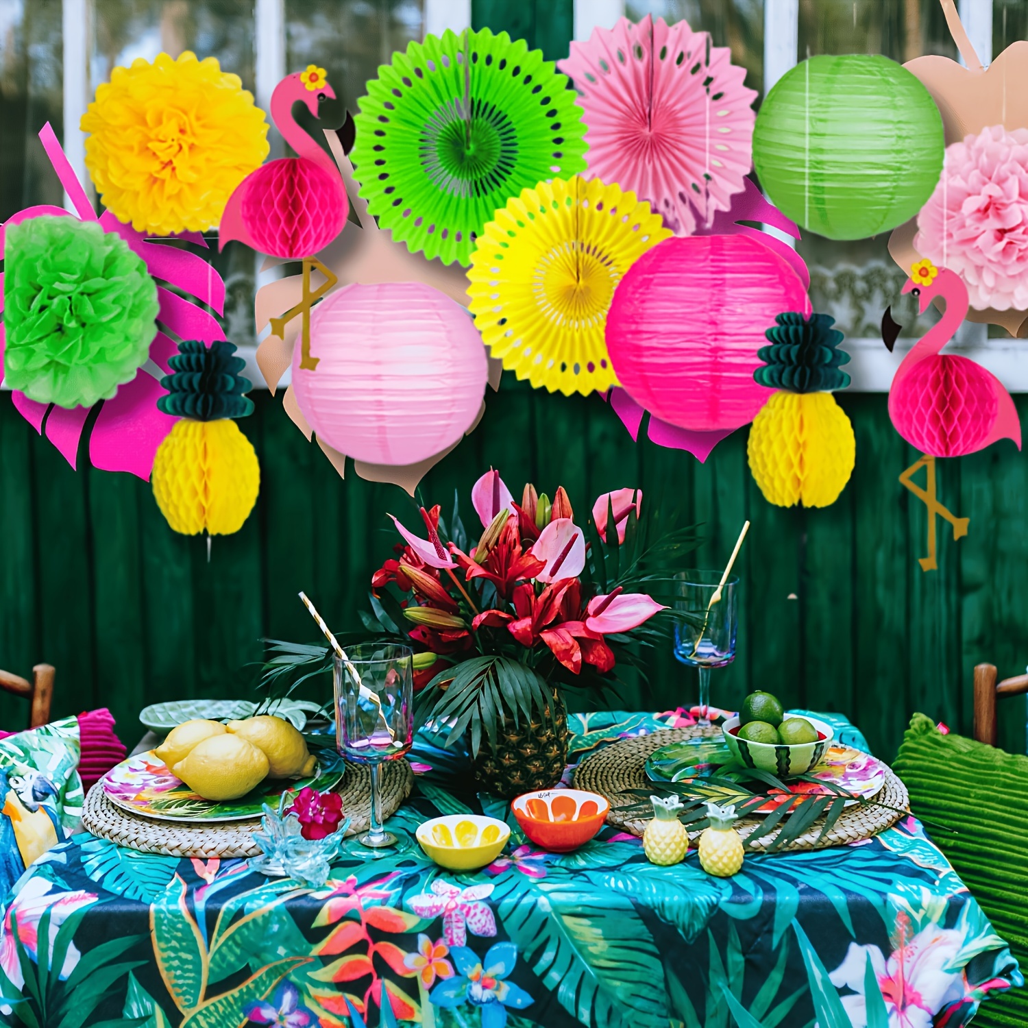 

Hawaiian Paper Fan Paper Flower Decoration Set, Summer Beach Party Banquet Hanging Decoration, Pineapple Flamingo Honeycomb Style Decoration, 13 Pieces Hawaiian Style Indoor Outdoor Hanging Decoration