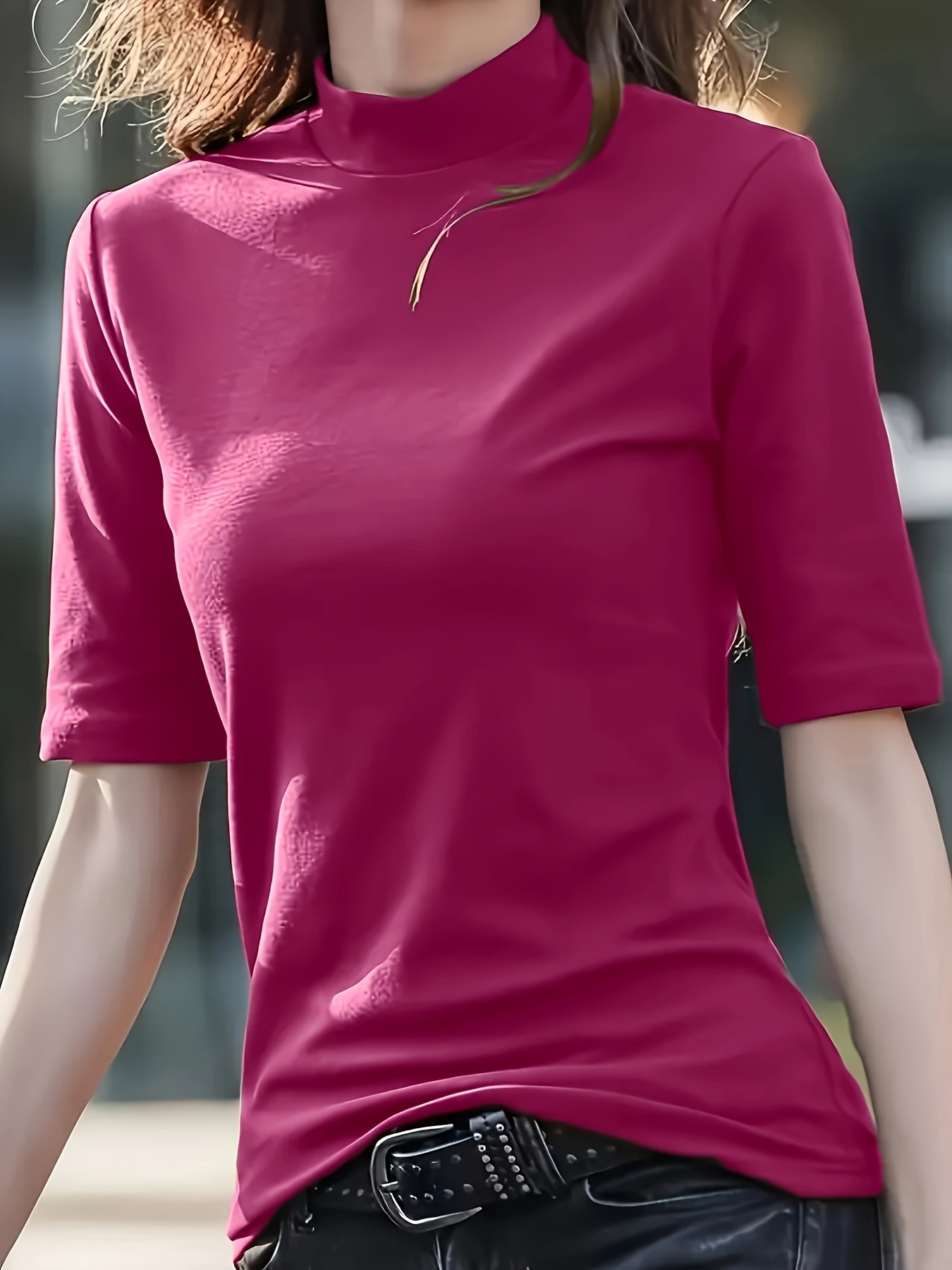 Women's Casual Stretch T-Shirt - Vibrant Green Solid Color, Stand-Up Collar, High Elasticity, Machine Washable, All-Season Comfort Fit, Cute T Shirts, Versatile Clothing, Pearl Necklace Accent