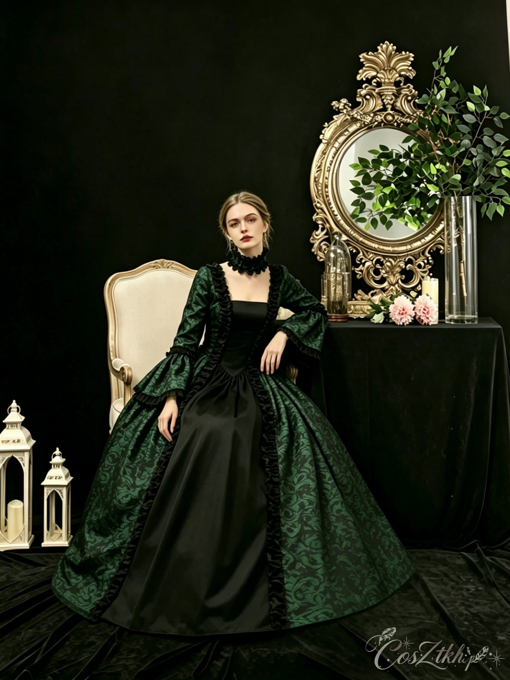 women dark green renaissance ball gown