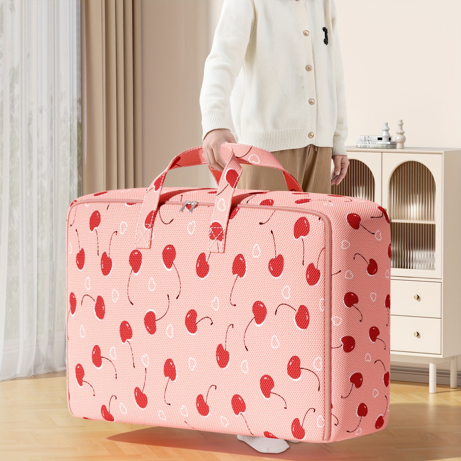 

1pc Cherry Pattern Large Capacity Storage Bag, Portable Bag With Handles, Travel Gear Organization Bag For Clothing & Quilts