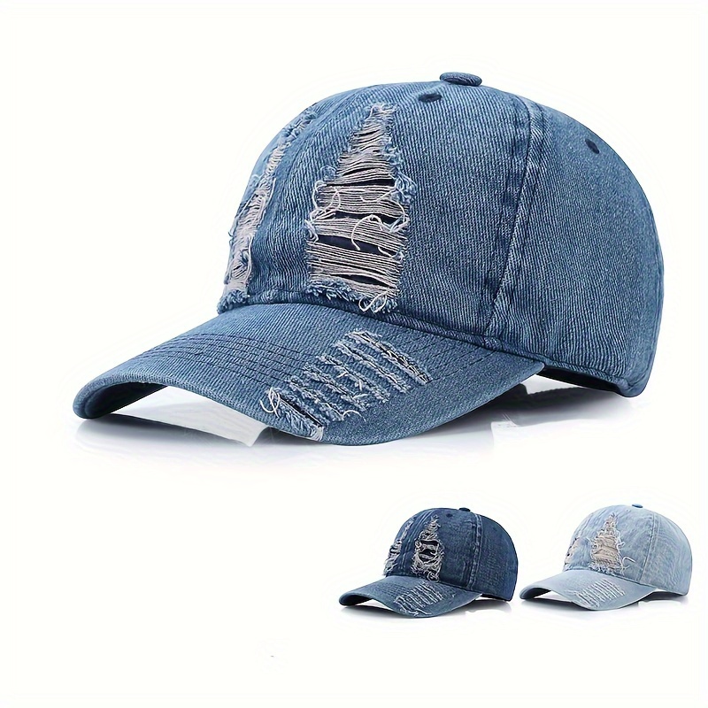 

Vintage Ripped Denim Baseball Cap For Men And Women, Cotton Material, Adjustable Holiday Theme Hat With Sun Protection, Tie-dye , Unisex Distressed Hip-hop Cap