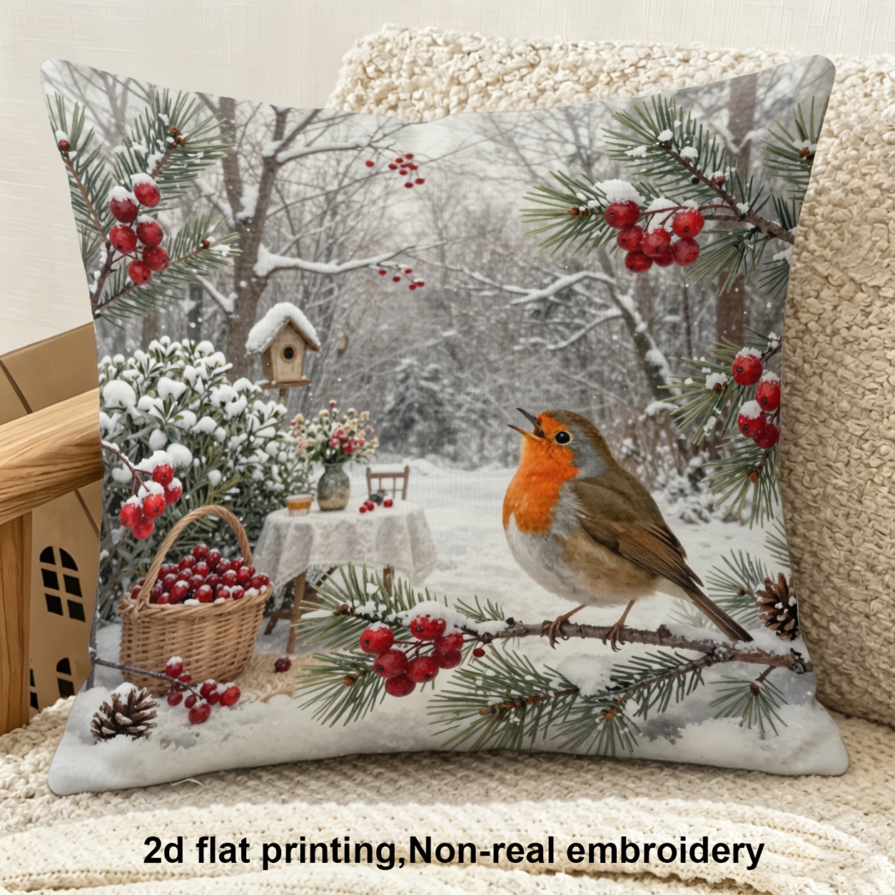 TEMU 2d Flat Print, Sold Individually, Christmas Theme, Winter Robin Pillowcase Featuring A Robin Perched On A Snow-covered Branch With Red Berries,