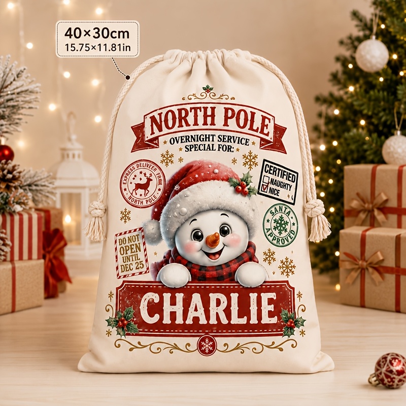 TEMU personnalisé de Noël à cordon, nom personnalisable, thème ours en neige et , sac d'emballage cadeau de Noël adapté aux enfants, cadeaux de fête,