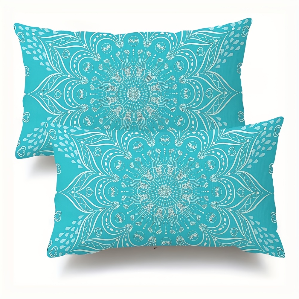 TEMU 2pcs Housses de coussin ultra-douces et courtes en peluche - Bleu turquoise et blanc, style bohème mandala, imprimées sur une seule face, avec