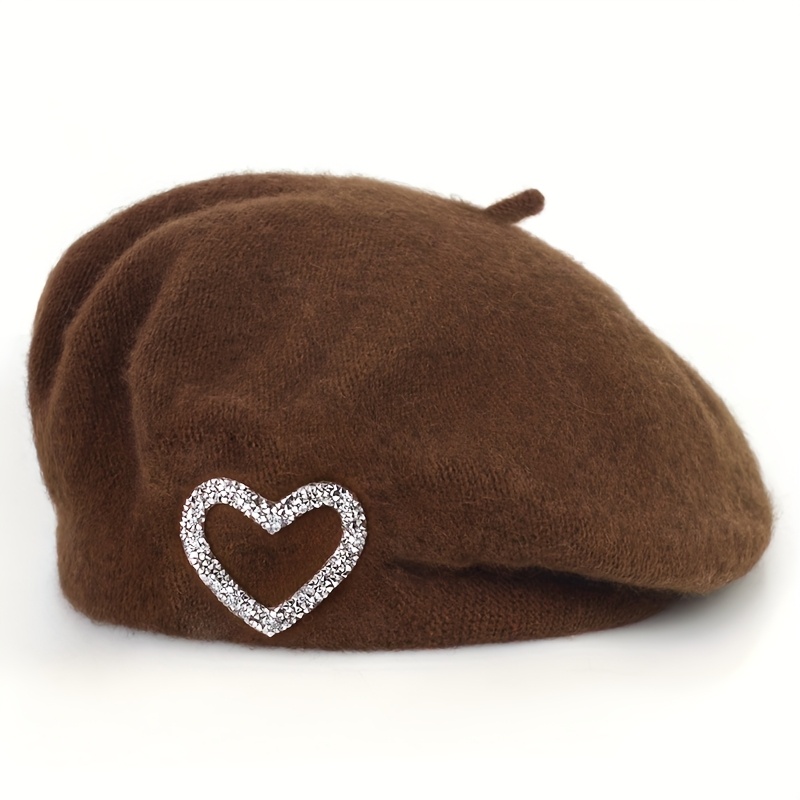 TEMU 1pc Heart Rhinestone Autumn Winter Solid Color Wool Beret Women's Hat Women's Hat Optional