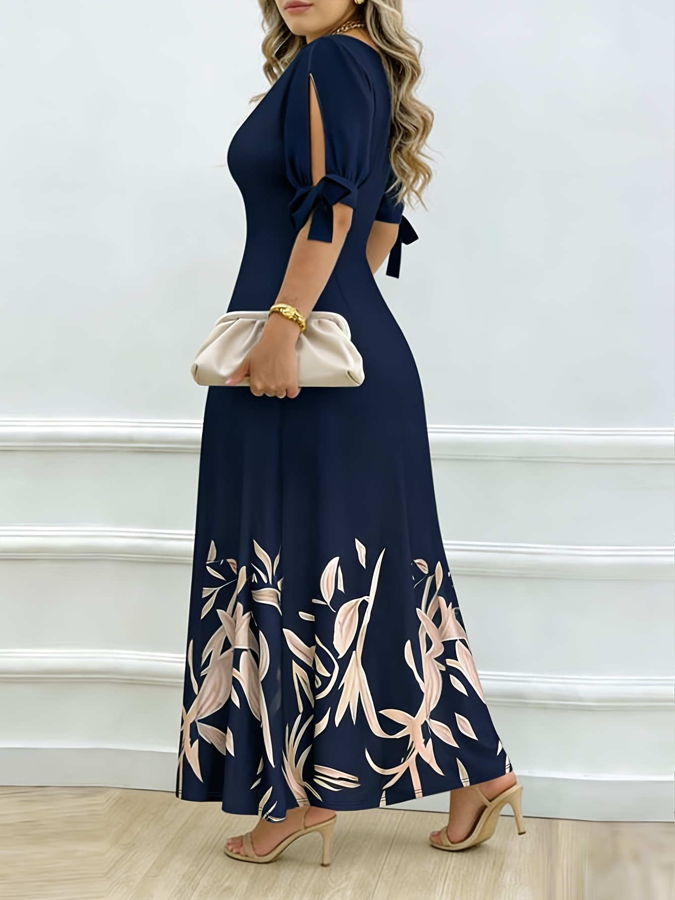 2026 floral print maxi dress mature style navy blue floral print v neck bow short sleeved   long dress bodycon a line dress and elegant style formal wear summer new elegant style printed dress