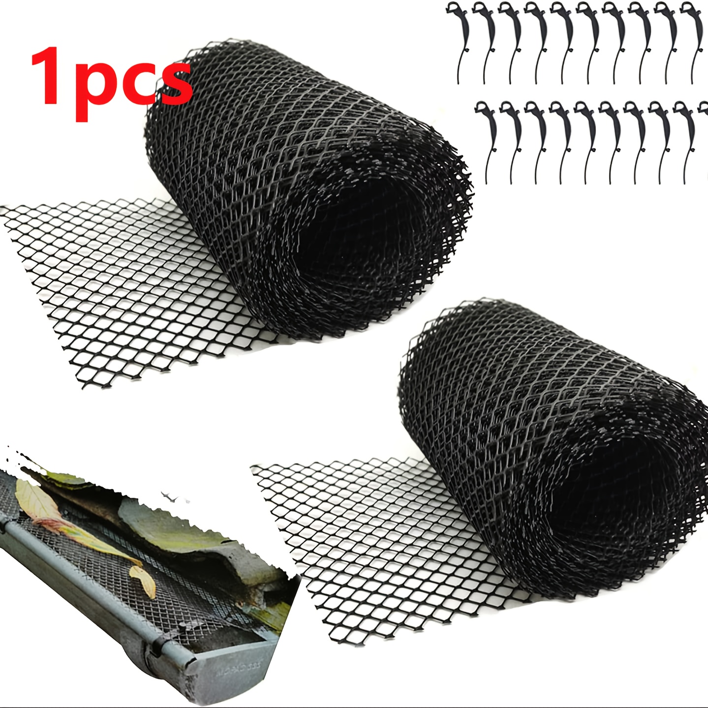 

6x20ft Plastic Gutter Guard Mesh Roll With 10 Clip Hooks - Leaf And For Rain Gutters, Black, Stop Clogged Gutters